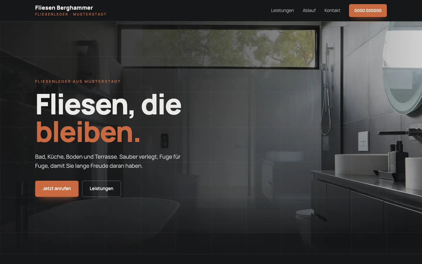 Startseite der Vorlage für einen Fliesenleger, dunkles Design mit Badfoto