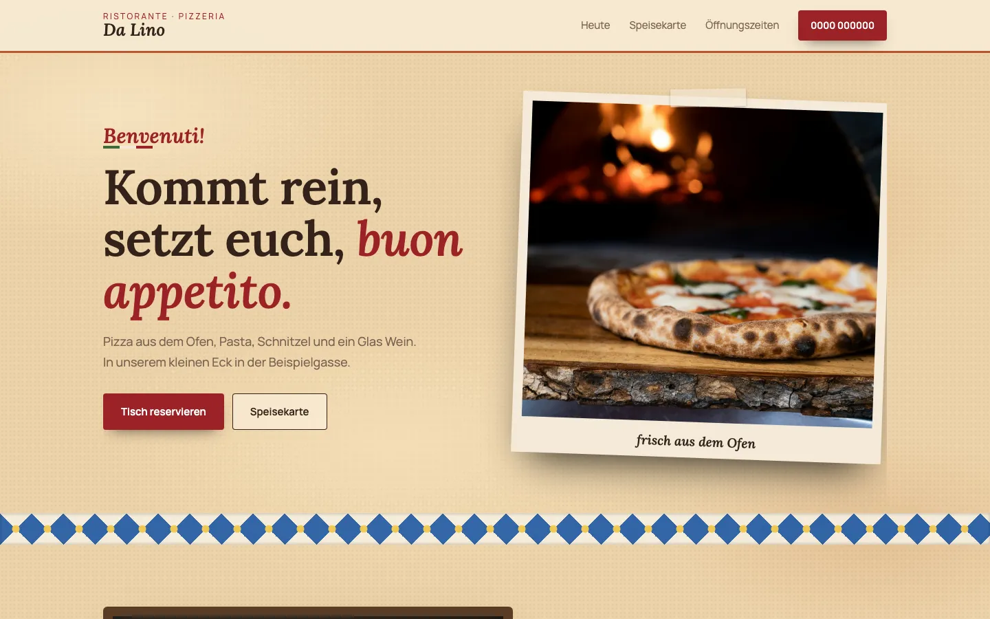 Startseite der Vorlage für eine Pizzeria, warmes Design mit Pizzafoto